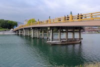 The Seta Bridge, the oldest crossing point of the Seta River. In the past this bridge carried the main road from Tokyo to Kyoto, and therefore was strategically important, resulting in battles for its control. One famous battle, between two princes fighting for control of Japan, took place around and on the bridge in the year 672. (30 October 2012)