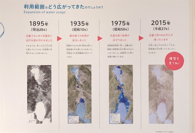 Four maps showing the areas that used water from Lake Biwa and its outflowing river system in 1895, 1935, 1975 and 2015.