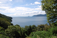The northern end of Lake Biwa. Off the headland in the distance, lots of pottery was discovered dating from 8000 years ago through to 800 years ago. The pottery appears to have been deliberately thrown into the same place of the lake over thousands of years, but the reasons remain a mystery. (10 September 2010)